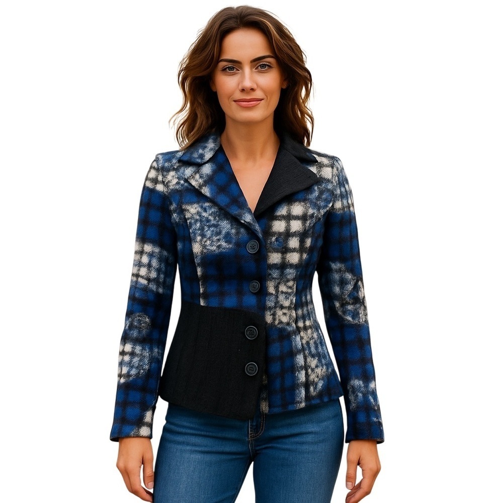 Linea Domani Felted Wool Blend Jacket Blazer Blue Black White Size L Button Up